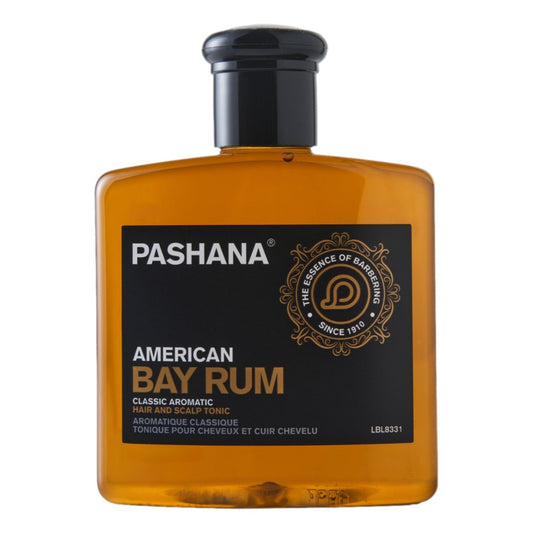 Pashana American Bay Rum Hair and Scalp Tonic 250ml with amber-coloured liquid in a clear bottle, black cap, and ornate black and gold label.