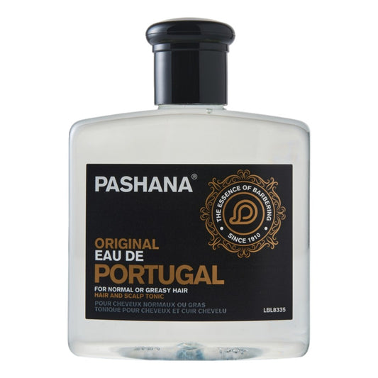 Pashana Eau de Portugal Hair Tonic 250ml bottle with a black label, designed for normal or greasy hair care and scalp refreshment.