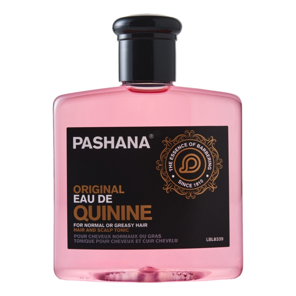 Pashana Eau de Quinine Hair Tonic 250ml bottle, pink liquid, for normal or greasy hair, with floral and citrus fragrance.