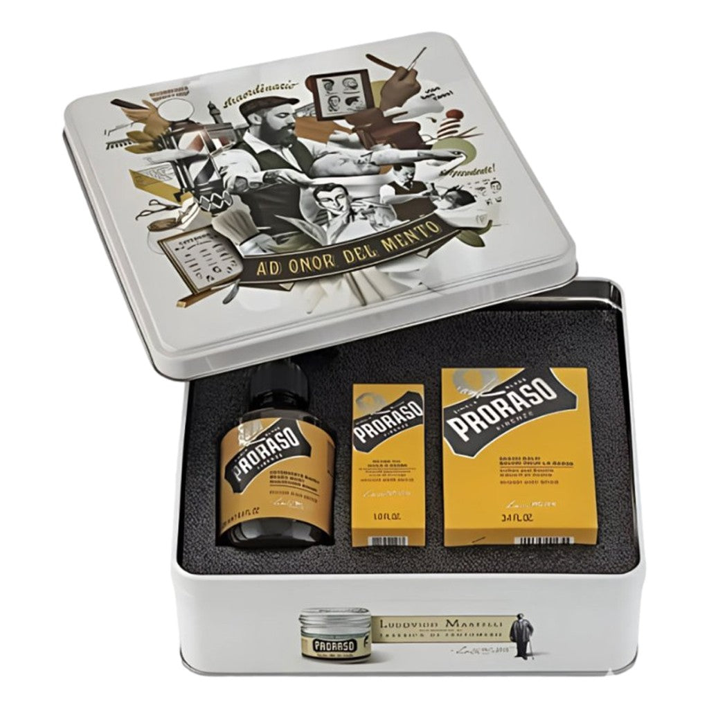 Proraso Wood And Spice Beard Gift Set in metal tin with wash oil and balm