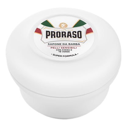 Proraso shaving soap in a white container on a white background