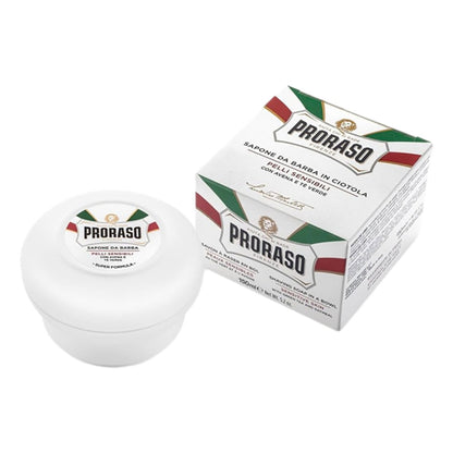 Proraso shaving soap in a white container on a white background with box packaging