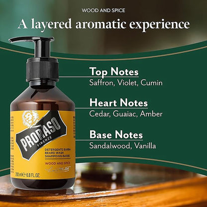 Proraso Wood And Spice Beard Wash 200ml for cleansing and softening facial hair poster