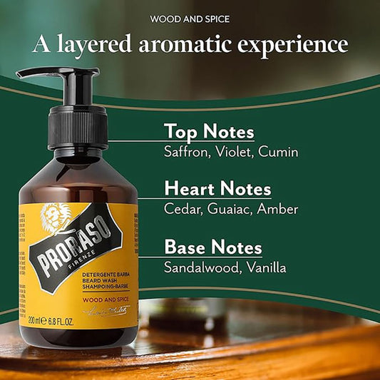 Proraso Wood And Spice Beard Wash 200ml for cleansing and softening facial hair poster
