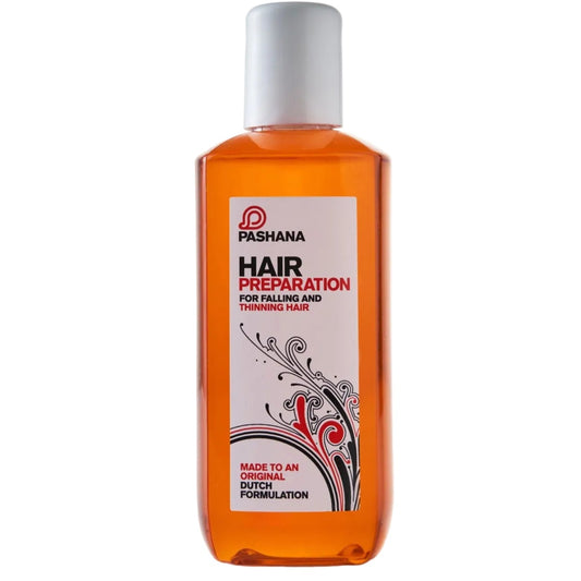 A bottle of Pashana Hair Preparation shampoo in a translucent orange bottle with a white cap and a white label, shown on a white background with a soft reflection.