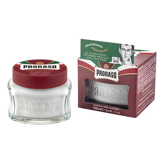 Proraso Red Pre-Shave Cream 100ml with sandalwood oil and shea butter for coarse beard hair with packaging
