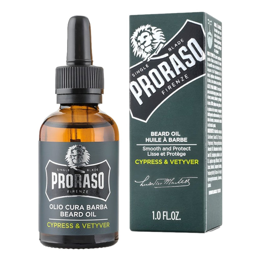 Proraso Cypress And Vetyver Beard Oil 30ml for longer thicker beards with packaging