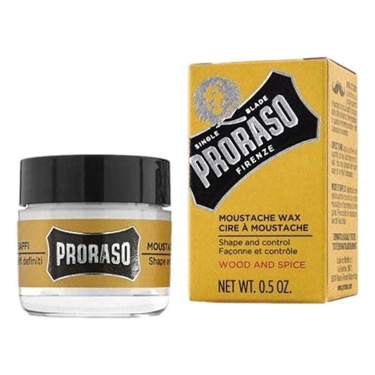 Proraso moustache wax jar and packaging on a white background