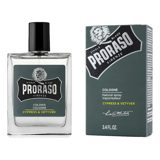 Proraso Cypress and Vetyver Cologne 100ml bottle with fresh woody cypress and vetiver scent