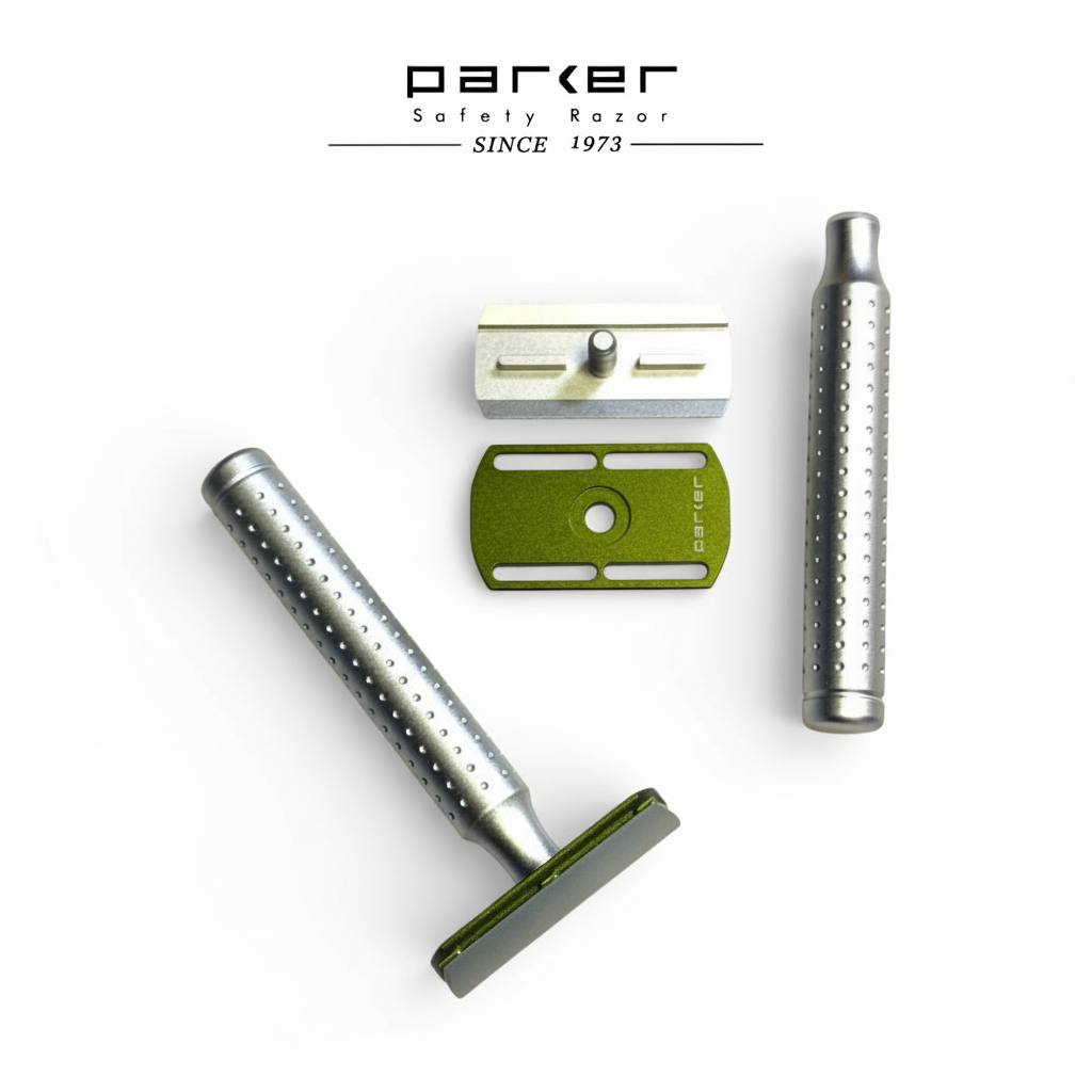 Parker Aero Shave safety razor components set on a white background with 'Parker' branding.