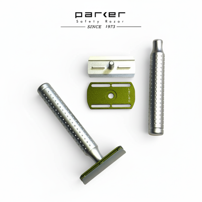 Parker Aero Shave safety razor components set on a white background with 'Parker' branding.
