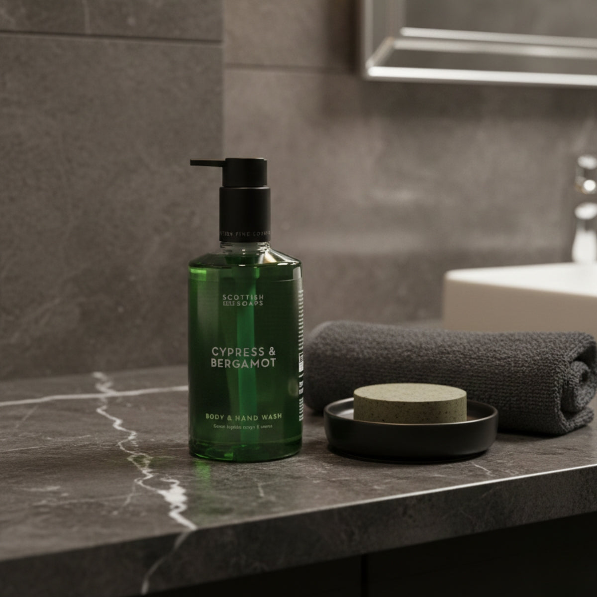 Cypress & Bergamot Body & Hand Wash with a soap bar beside a dark stone basin