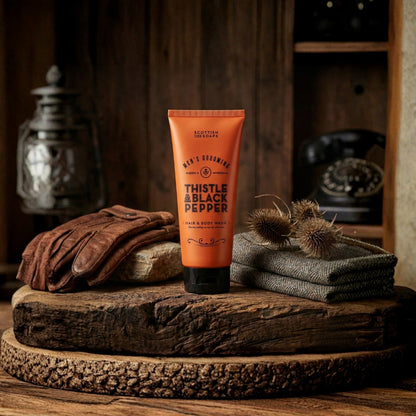 Thistle & Black Pepper Hair & Body Wash travel tube with a towel and shaving brush
