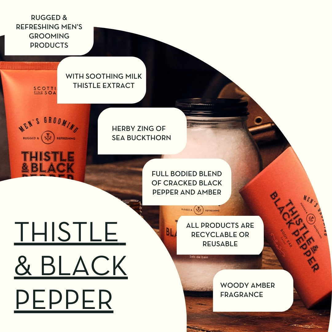 Thistle & Black Pepper collection graphic with grooming products and range information