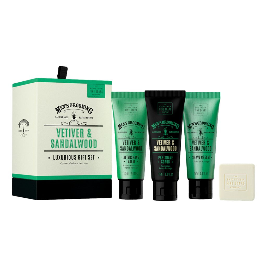 Scottish Fine Soaps Company Vetiver & Sandalwood Luxurious Gift Set on white background