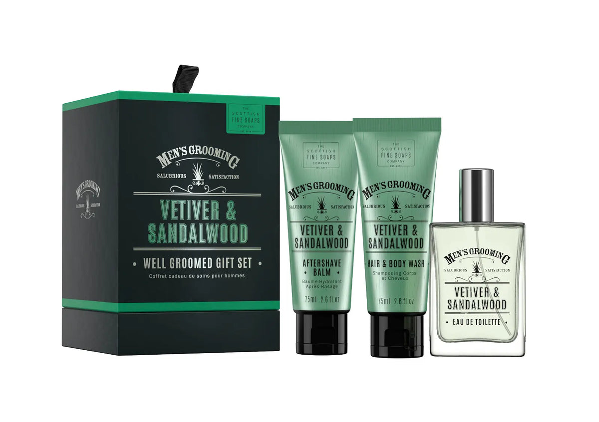 Scottish Fine Soaps Vetiver & Sandalwood Well Groomed Gift Set on white background