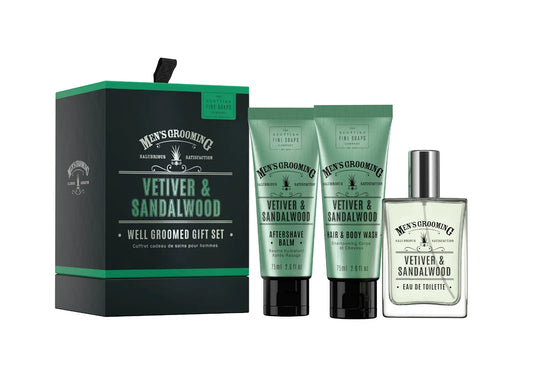 Scottish Fine Soaps Vetiver & Sandalwood Well Groomed Gift Set on white background