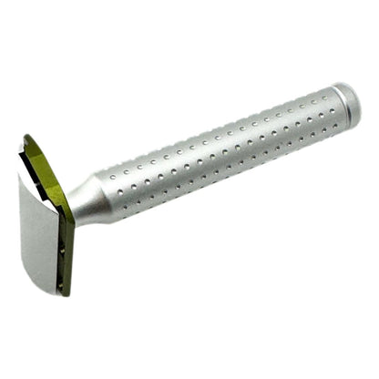Silver AeroShave safety razor on a white background