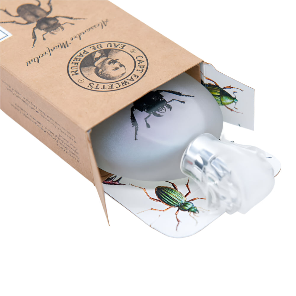 Bottle with a beetle design on a white background