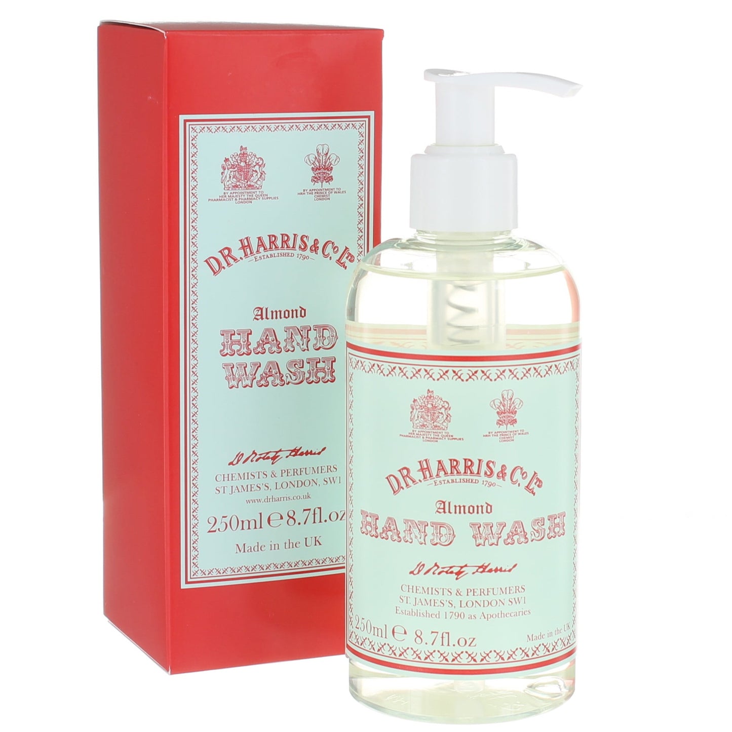 D.R. Harris Almond Hand Wash bottle and packaging on a white background