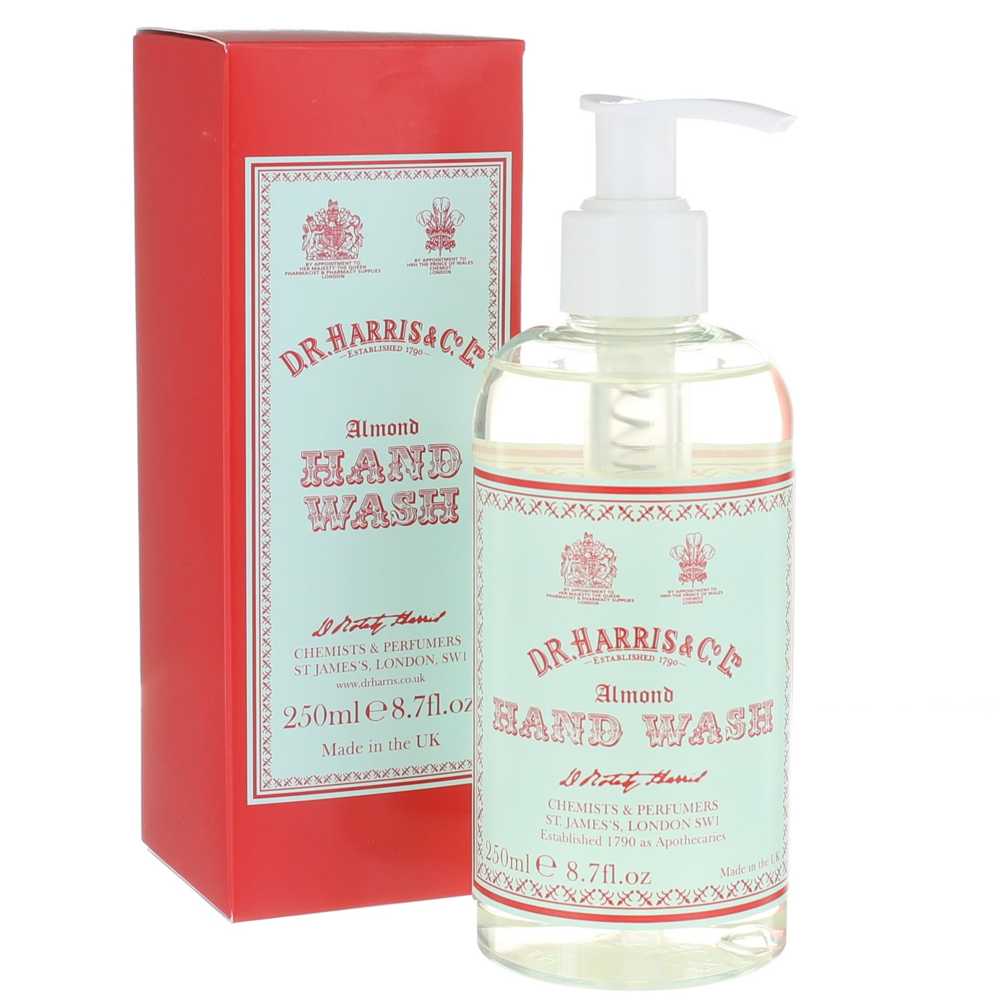 D.R. Harris Almond Hand Wash bottle and packaging on a white background