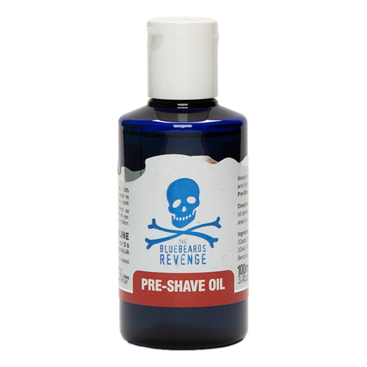 Bottle of 'The Bluebeards Revenge' pre-shave oil on a white background