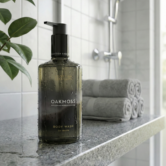 Oakmoss Body Wash pump bottle beside folded towels on a stone bathroom ledge