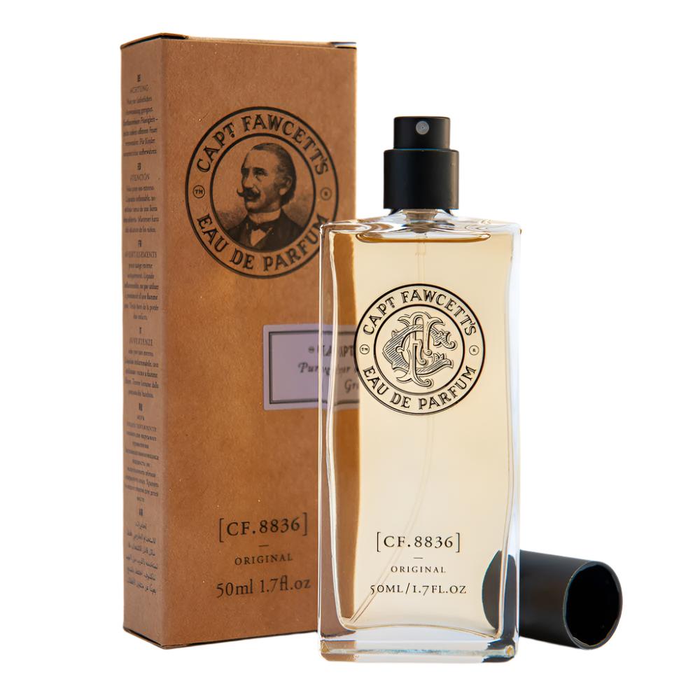 Capt Fawcett's Eau de Parfum bottle and packaging on a white background