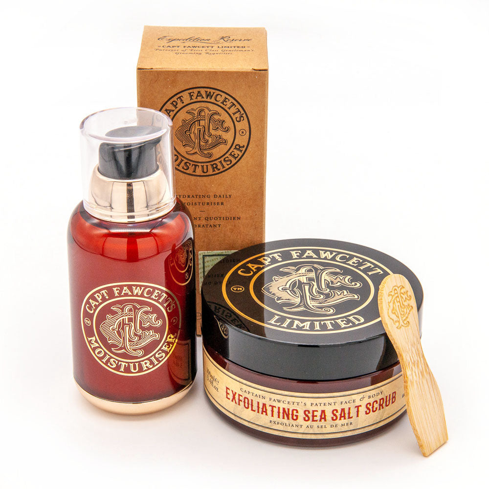 Captain Fawcett Exfoliating Scrub and Moisturiser Set in two tubes with branding and sea breeze inspiration. Closed