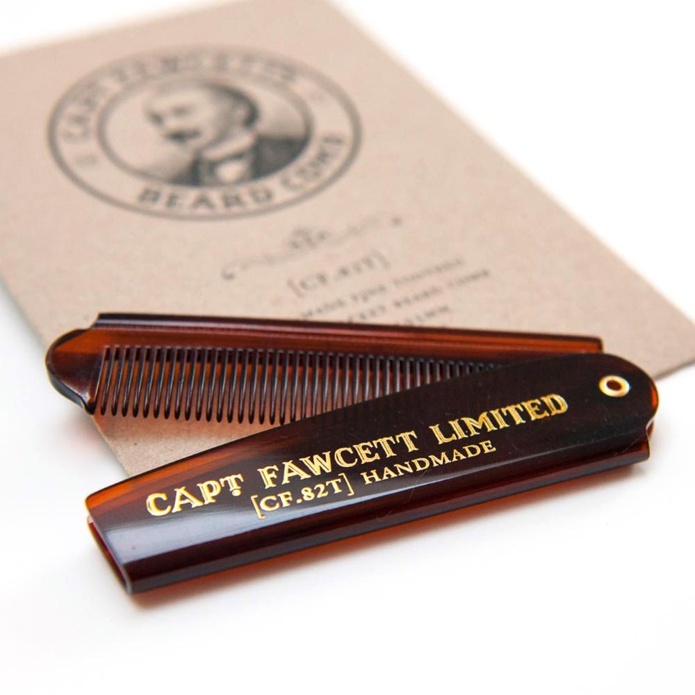 Captain Fawcett Folding Pocket Beard Comb CF.82T in cellulose acetate. design. Close up.