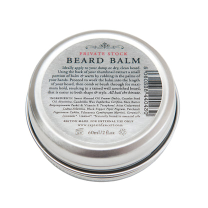 Captain Fawcett Private Stock Beard Balm 60ml in aluminium screw-top tin - back of tin.