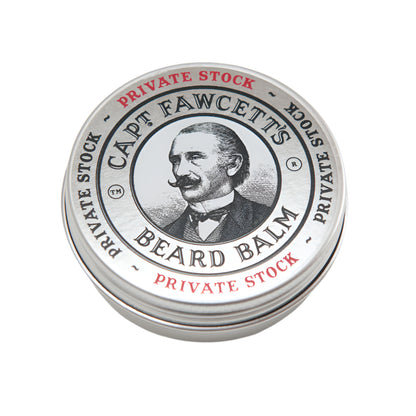 Captain Fawcett Private Stock Beard Balm 60ml in aluminium screw-top tin - closed tin.