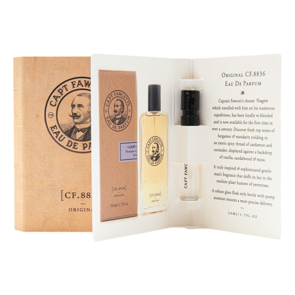 Captain Fawcett perfume sample with bottle, box, and description card on a white background