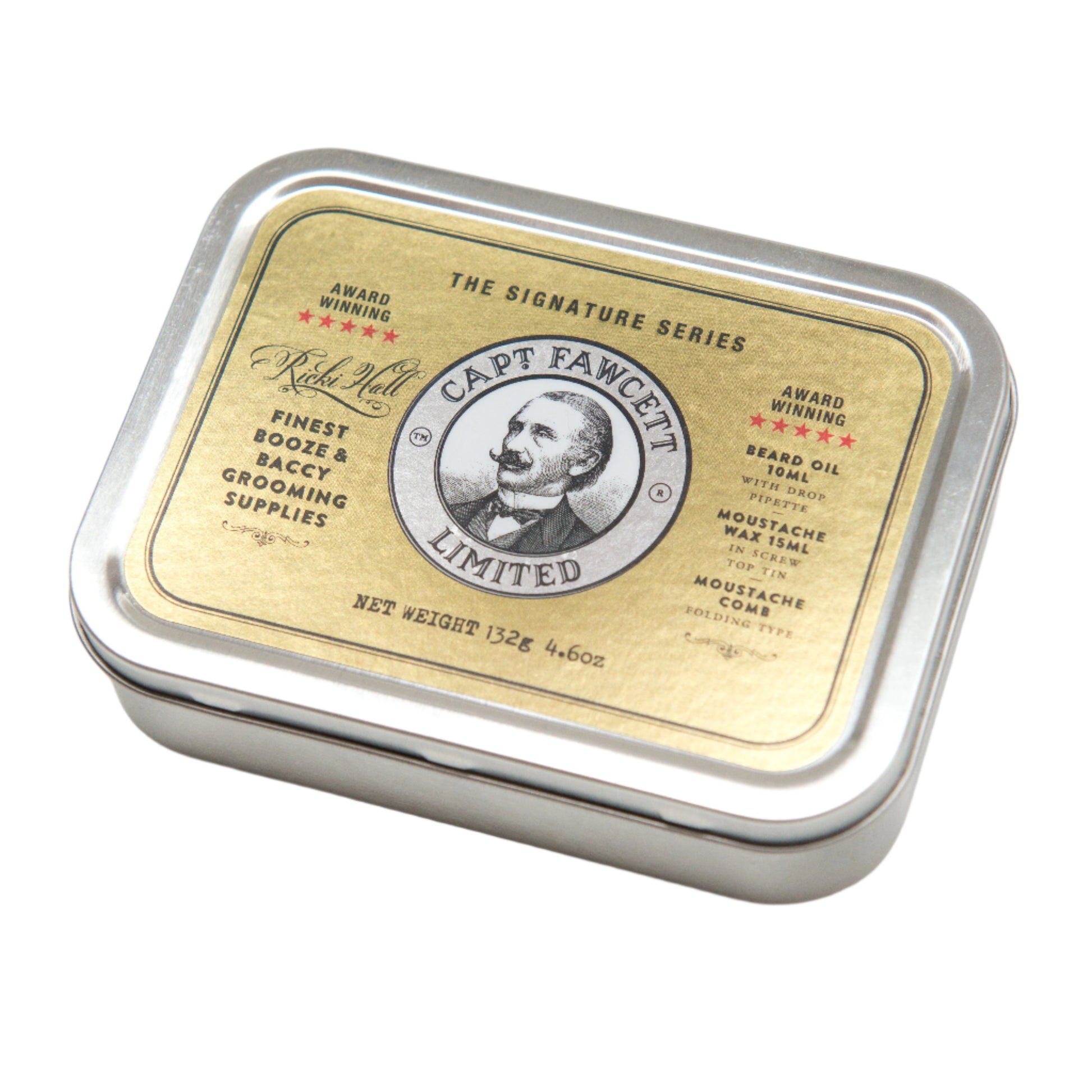 Captain Fawcett Ricki Hall Booze & Baccy Grooming Kit in vintage metal tin with beard oil, wax, and comb. Closed Tin.