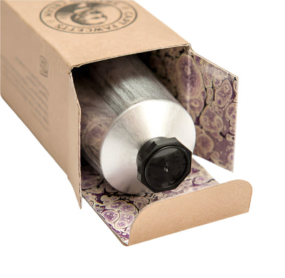 Silver water bottle with black cap in a cardboard box with patterned interior