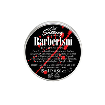 Barberism moustache wax container with black label on a white background