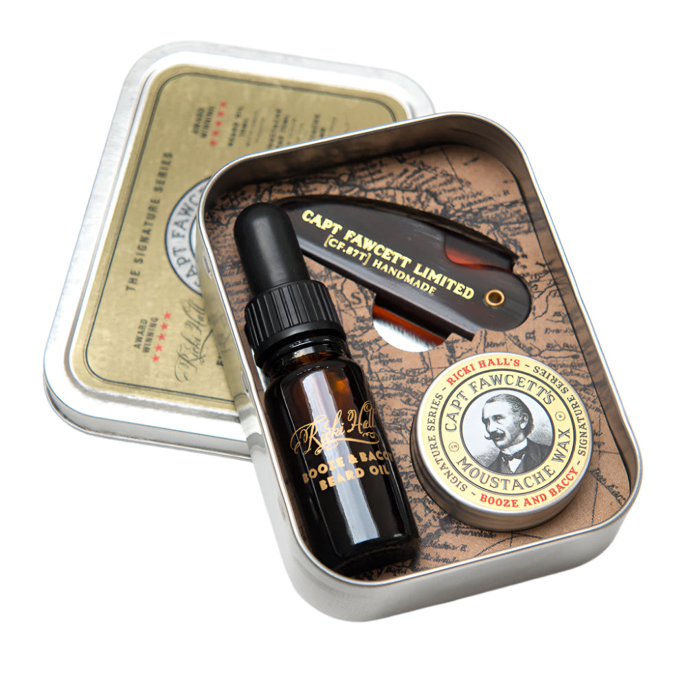Captain Fawcett Ricki Hall Booze & Baccy Grooming Kit in vintage metal tin with beard oil, wax, and comb