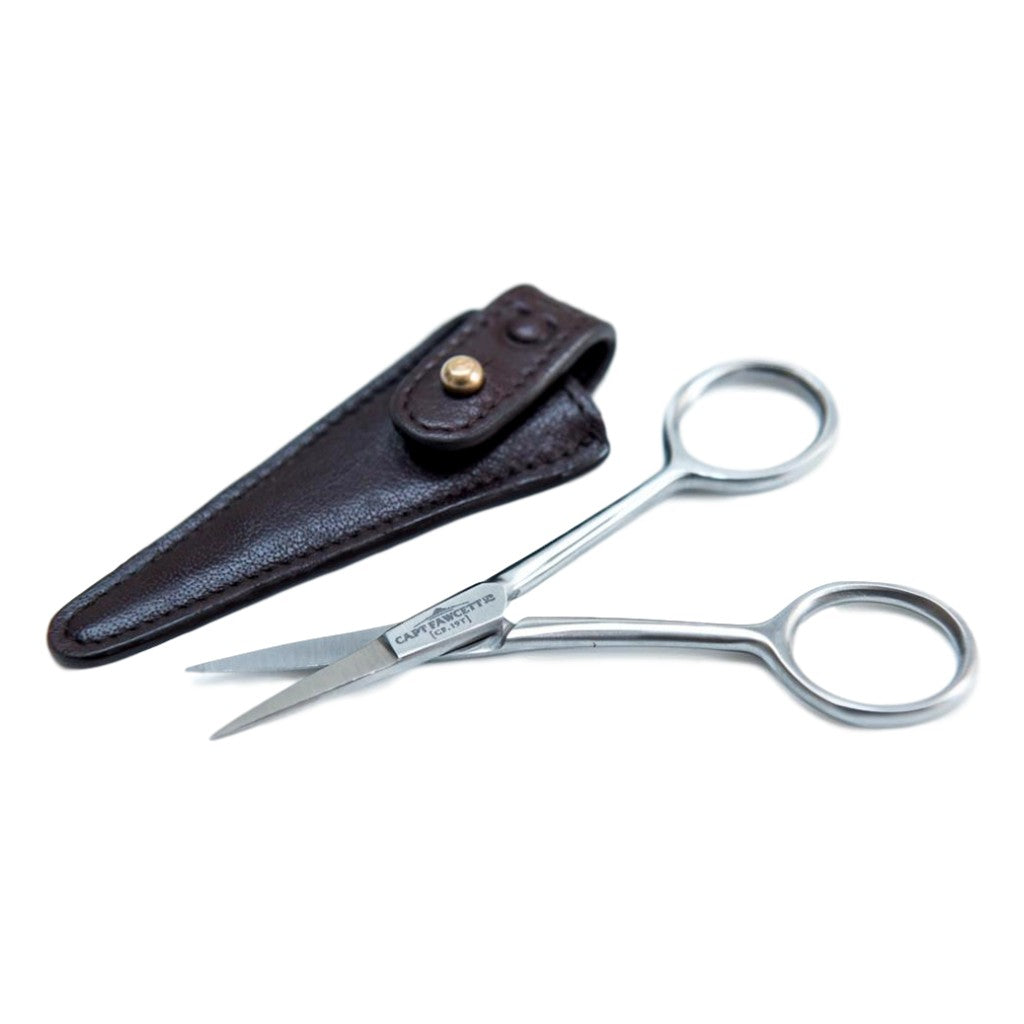 Captain Fawcett Hand-Crafted Grooming Scissors with leather pouch and brass stud. Outside Case