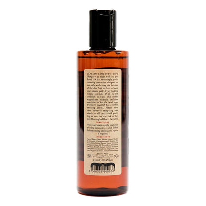 Bottle of Captain Fawcett's Beer'd shampoo with a label on a white background