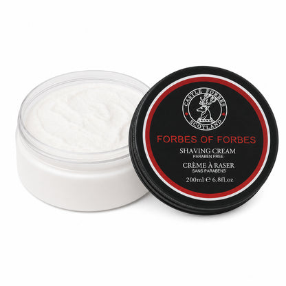 Jar of Forbes of Forbes shaving cream with black lid on a white background