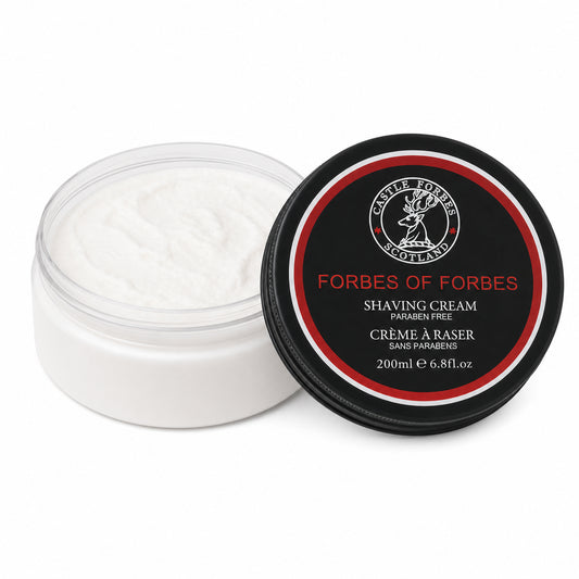 Jar of Forbes of Forbes shaving cream with black lid on a white background
