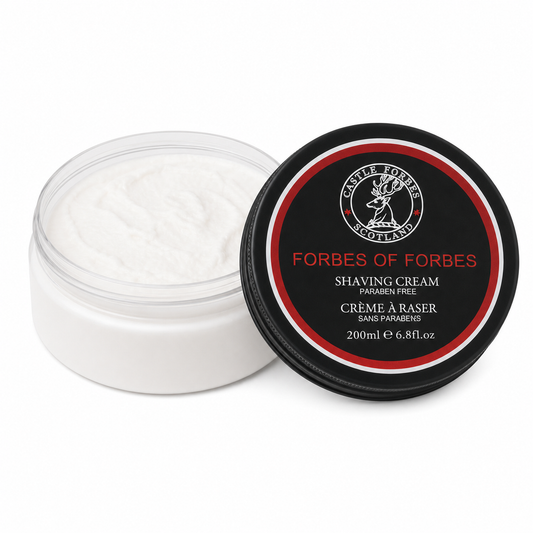 Jar of Forbes of Forbes shaving cream with black lid on a white background