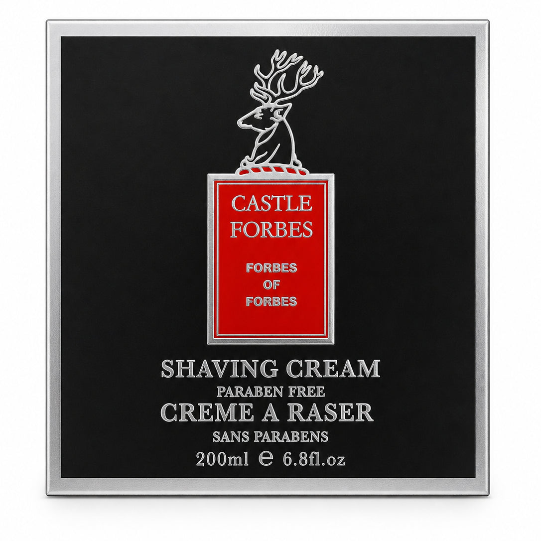 Castle Forbes shaving cream packaging with a black background and red label.