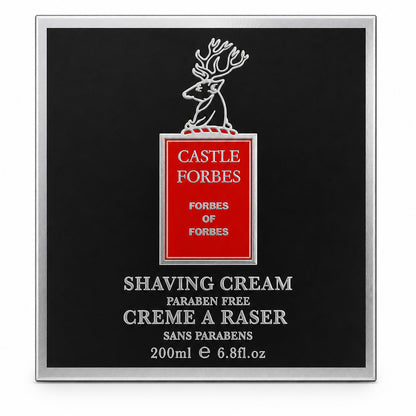 Castle Forbes shaving cream packaging with a black background and red label.