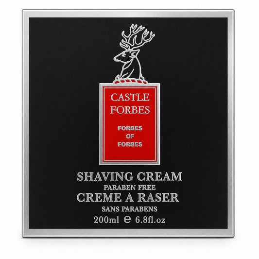 Castle Forbes shaving cream packaging with a black background and red label.