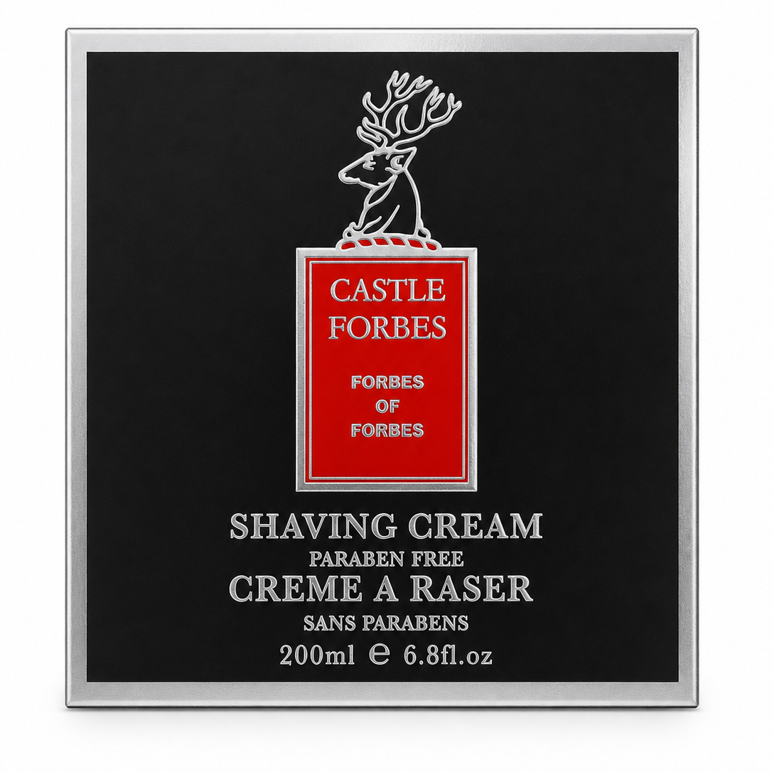 Castle Forbes shaving cream packaging with a black background and red label.