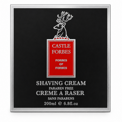 Castle Forbes shaving cream packaging with a black background and red label.
