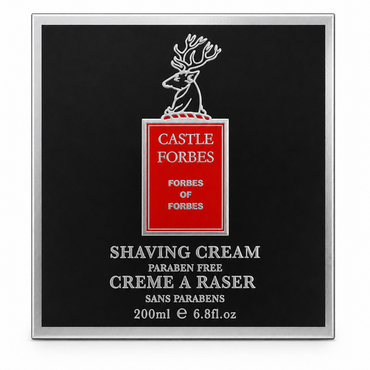 Castle Forbes shaving cream packaging with a black background and red label.