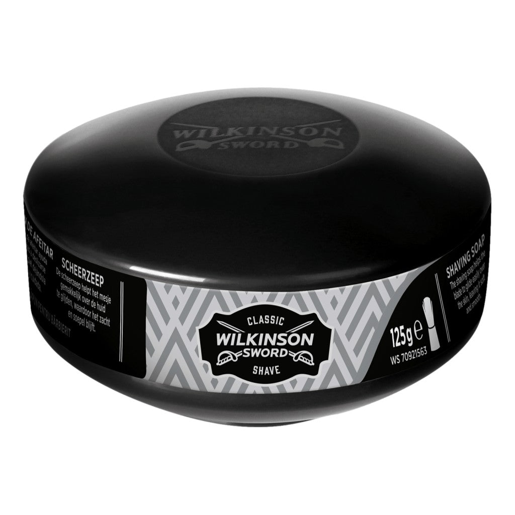 Wilkinson Sword Classic Shaving Soap Bowl 125g in a sleek black container with stylish design and branding. Perfect for traditional wet shaving.