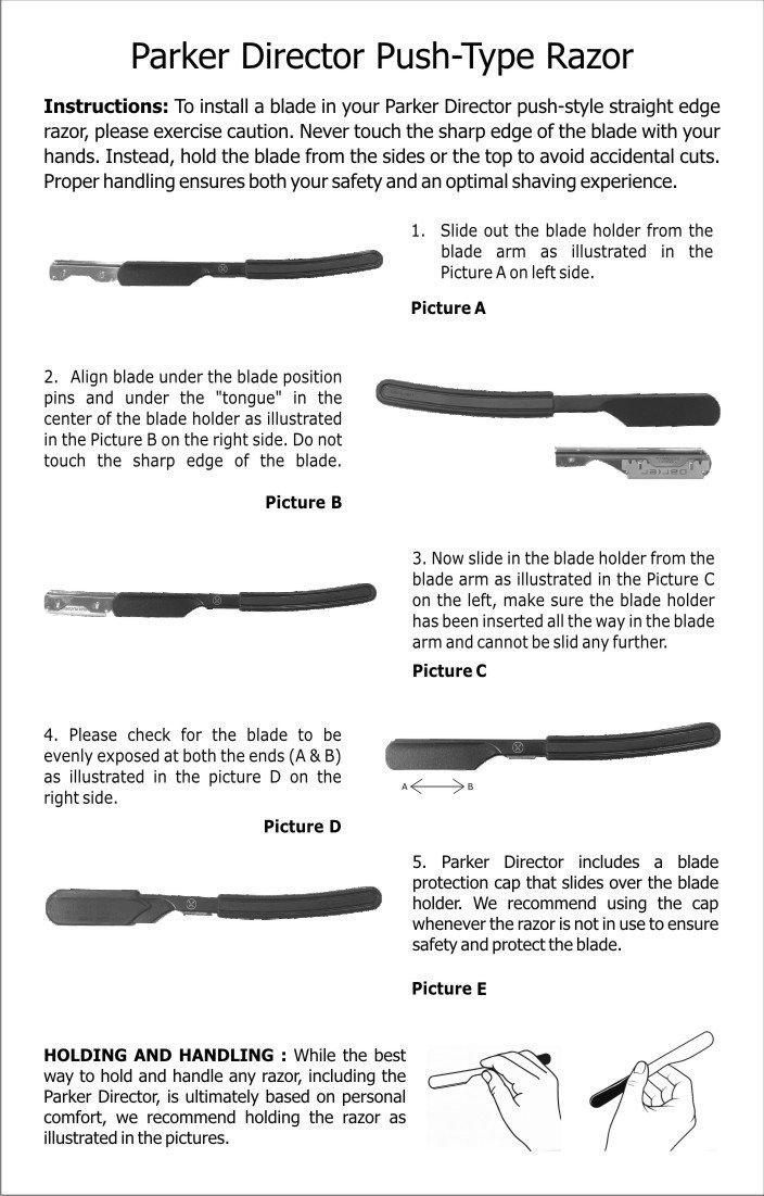 Instructions for installing a blade in a Parker Director push-type straight edge razor on a white background.